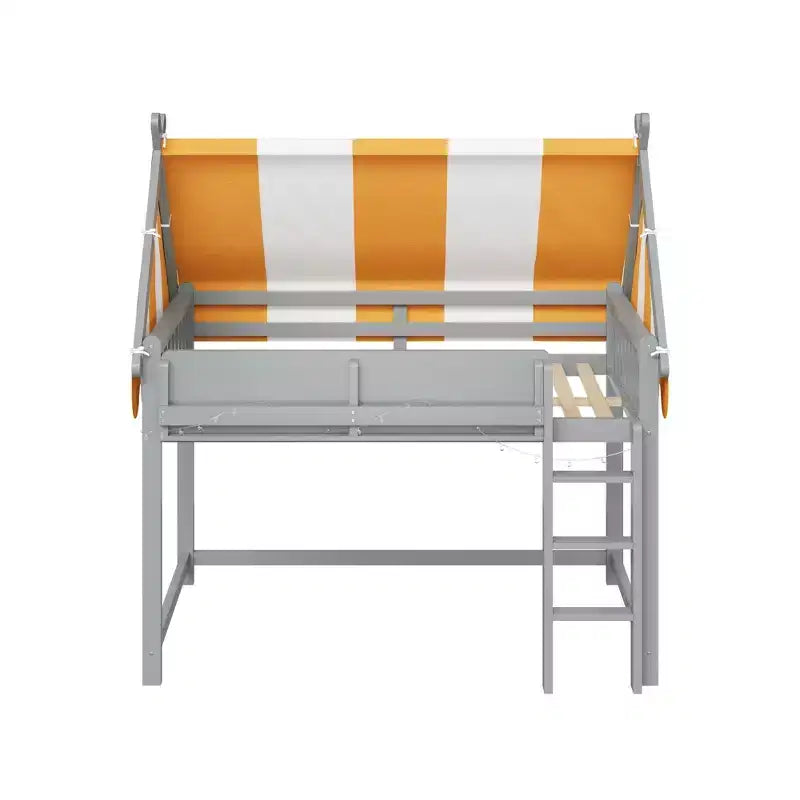Lit mezzanine double/grand format avec baldaquin et toit, lit cabane en bois avec lumières LED et étagère à livres pour chambre de filles et de garçons