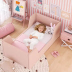 Lit de sol pour enfants Costway en tissu velours doux, rembourré, avec barrières de sécurité et tête de lit Gris/Rose