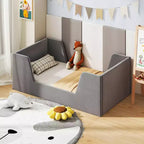 Lit de sol pour enfants Costway en tissu velours doux, rembourré, avec barrières de sécurité et tête de lit Gris/Rose