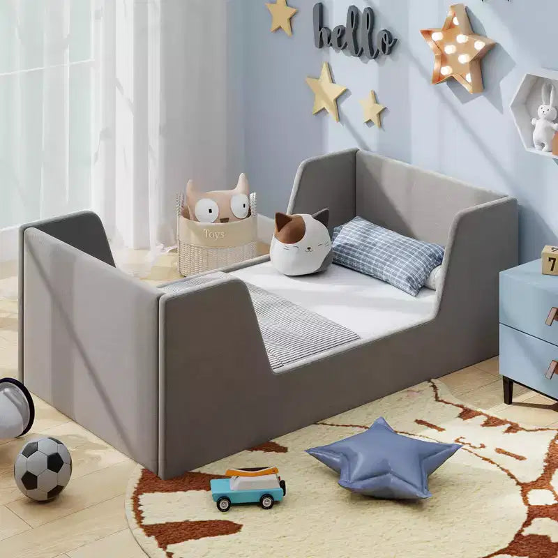 Lit de sol pour enfants Costway en tissu velours doux, rembourré, avec barrières de sécurité et tête de lit Gris/Rose