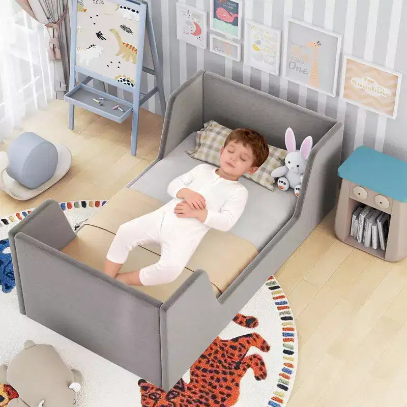 Lit de sol pour enfants Costway en tissu velours doux, rembourré, avec barrières de sécurité et tête de lit Gris/Rose