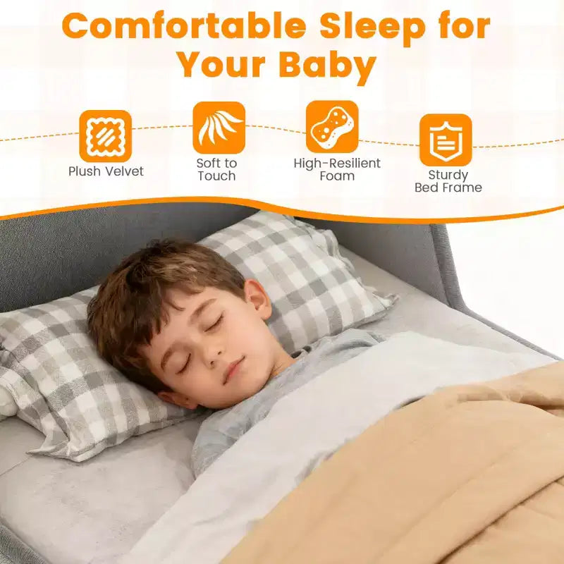 Lit de sol pour enfants Costway en tissu velours doux, rembourré, avec barrières de sécurité et tête de lit Gris/Rose
