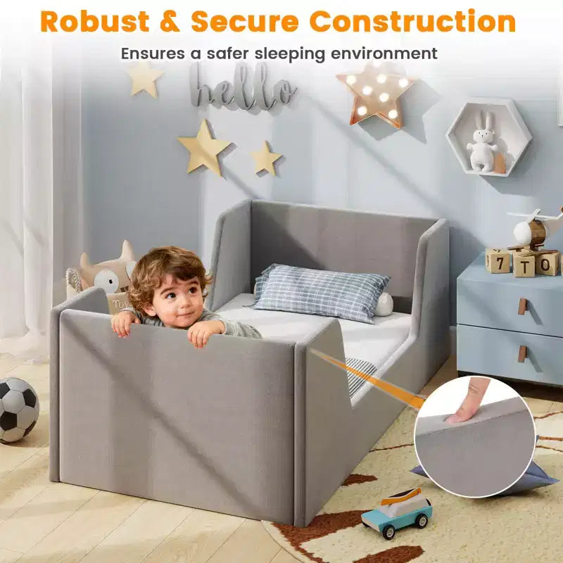 Lit de sol pour enfants Costway en tissu velours doux, rembourré, avec barrières de sécurité et tête de lit Gris/Rose