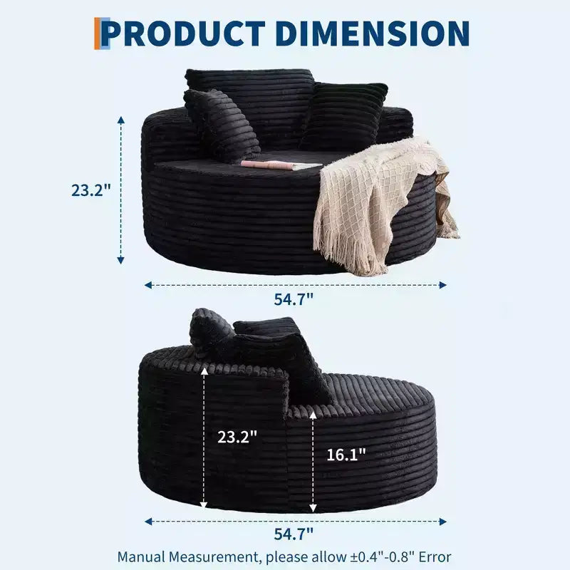 Chaise longue ronde d'intérieur surdimensionnée 55 x 55 pouces, canapé nuage moderne sans assemblage en velours côtelé, canapé individuel avec 4 oreillers, assise profonde