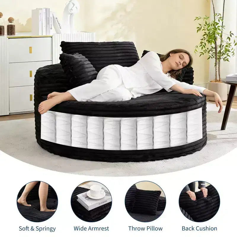 Chaise longue ronde d'intérieur surdimensionnée 55 x 55 pouces, canapé nuage moderne sans assemblage en velours côtelé, canapé individuel avec 4 oreillers, assise profonde