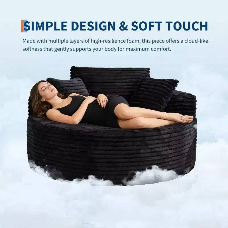 Chaise longue ronde d'intérieur surdimensionnée 55 x 55 pouces, canapé nuage moderne sans assemblage en velours côtelé, canapé individuel avec 4 oreillers, assise profonde
