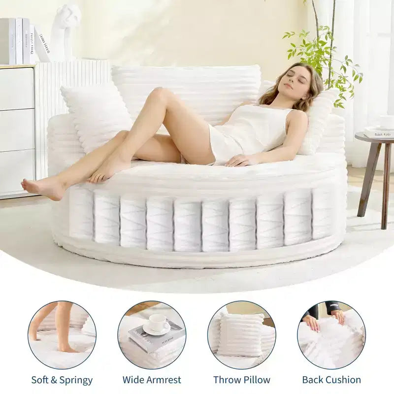 Chaise longue ronde d'intérieur surdimensionnée 55 x 55 pouces, canapé nuage moderne sans assemblage en velours côtelé, canapé individuel avec 4 oreillers, assise profonde