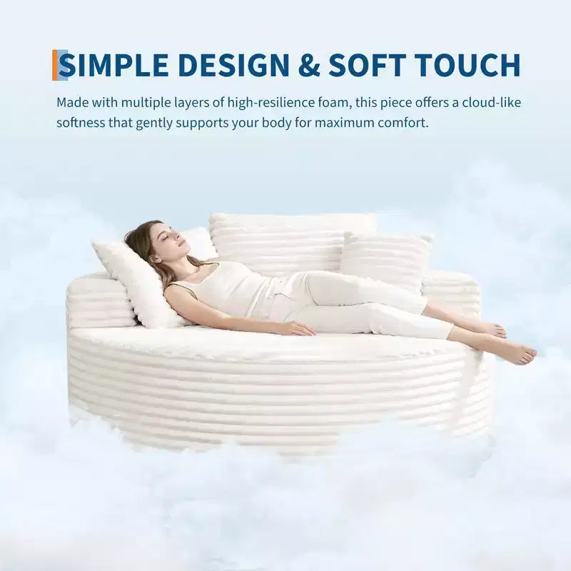 Chaise longue ronde d'intérieur surdimensionnée 55 x 55 pouces, canapé nuage moderne sans assemblage en velours côtelé, canapé individuel avec 4 oreillers, assise profonde