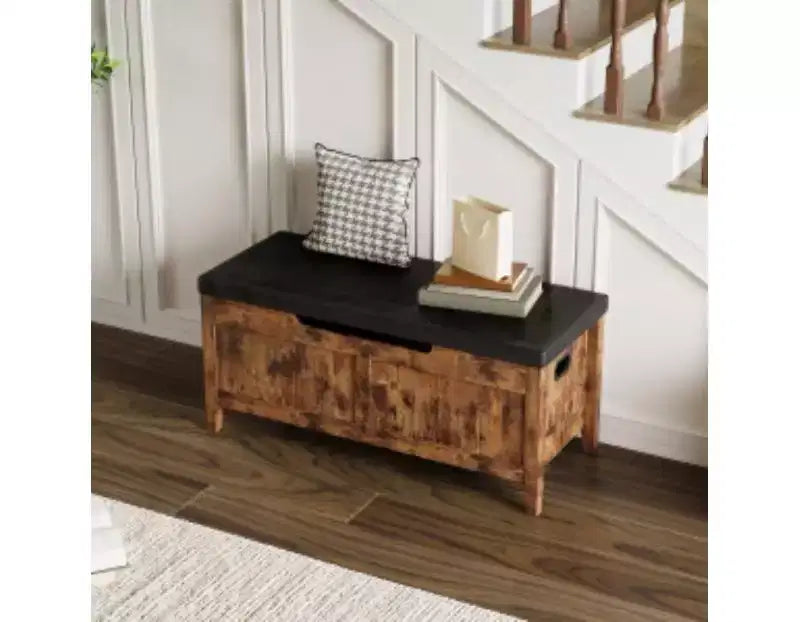 Pouffe de rangement en bois massif et panneaux de bois, avec pieds en bois massif,