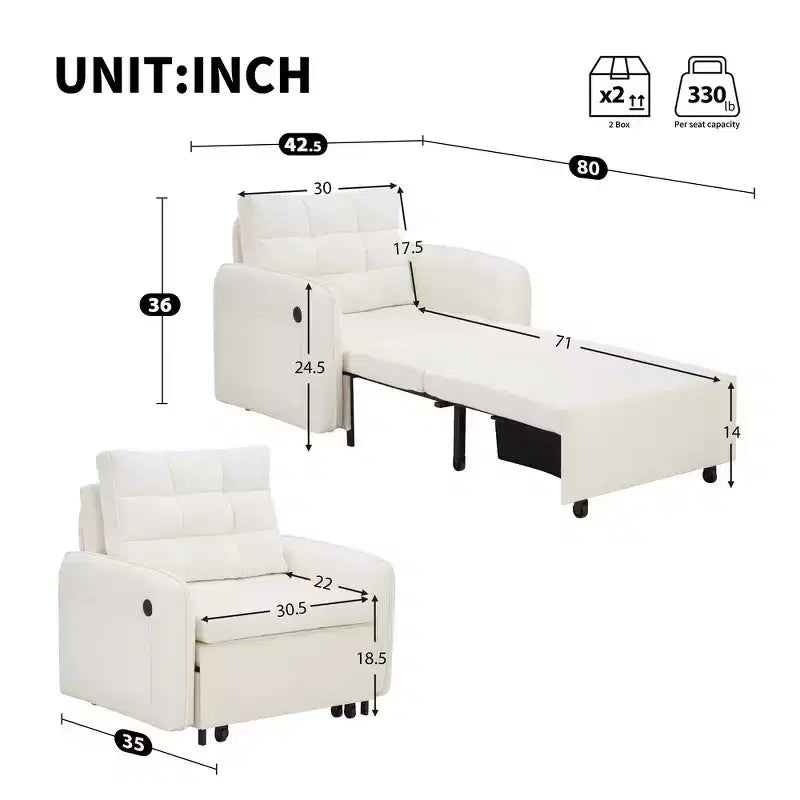 Fauteuil-lit convertible 3-en-1 Whisen, couchage extra long de 80 cm, canapé-lit simple en chenille avec poches de rangement