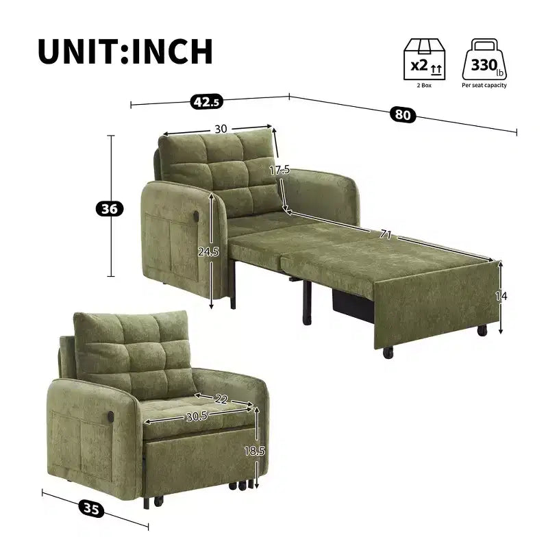 Fauteuil-lit convertible 3-en-1 Whisen, couchage extra long de 80 cm, canapé-lit simple en chenille avec poches de rangement