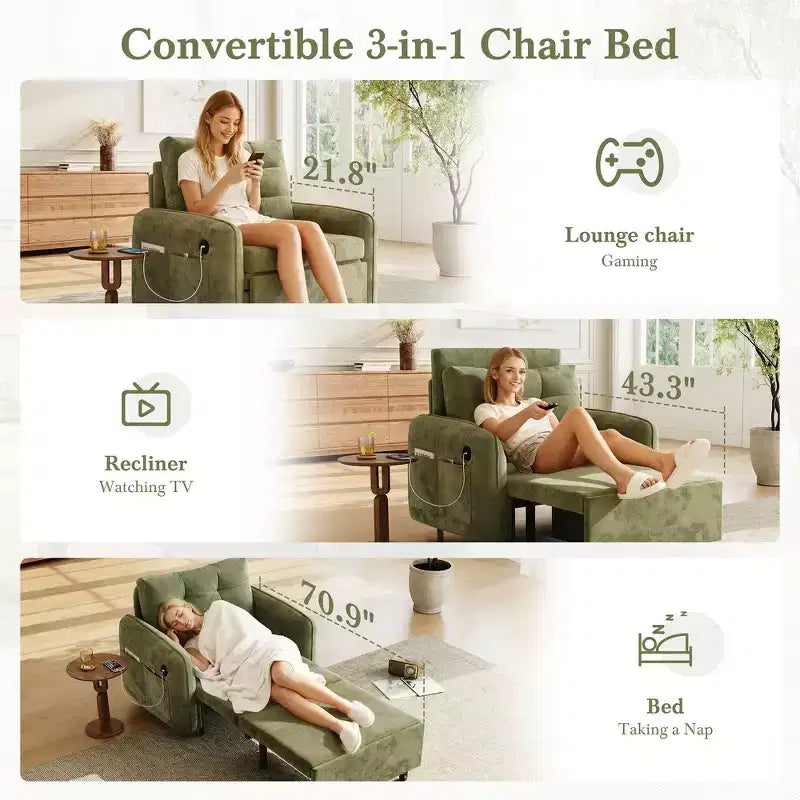 Fauteuil-lit convertible 3-en-1 Whisen, couchage extra long de 80 cm, canapé-lit simple en chenille avec poches de rangement