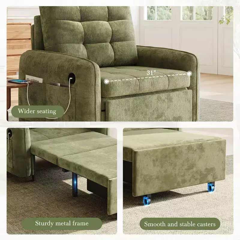Fauteuil-lit convertible 3-en-1 Whisen, couchage extra long de 80 cm, canapé-lit simple en chenille avec poches de rangement
