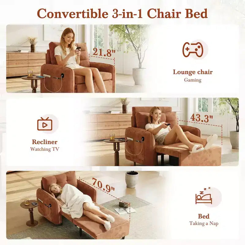 Fauteuil-lit convertible 3-en-1 Whisen, couchage extra long de 80 cm, canapé-lit simple en chenille avec poches de rangement