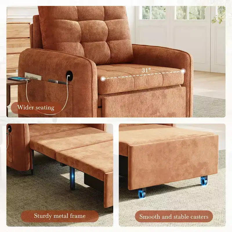 Fauteuil-lit convertible 3-en-1 Whisen, couchage extra long de 80 cm, canapé-lit simple en chenille avec poches de rangement