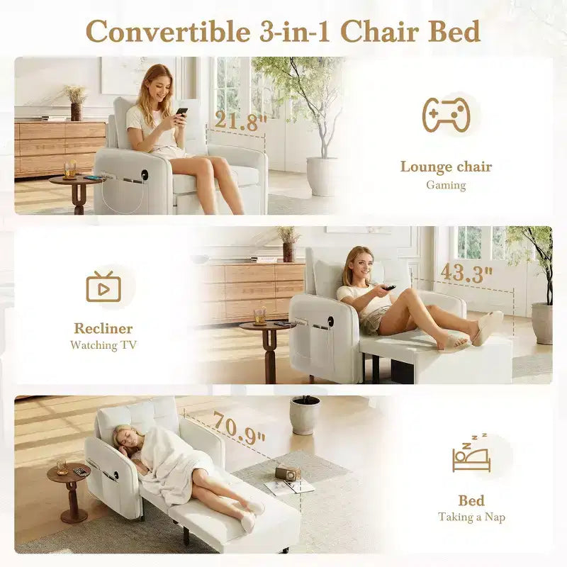 Fauteuil-lit convertible 3-en-1 Whisen, couchage extra long de 80 cm, canapé-lit simple en chenille avec poches de rangement