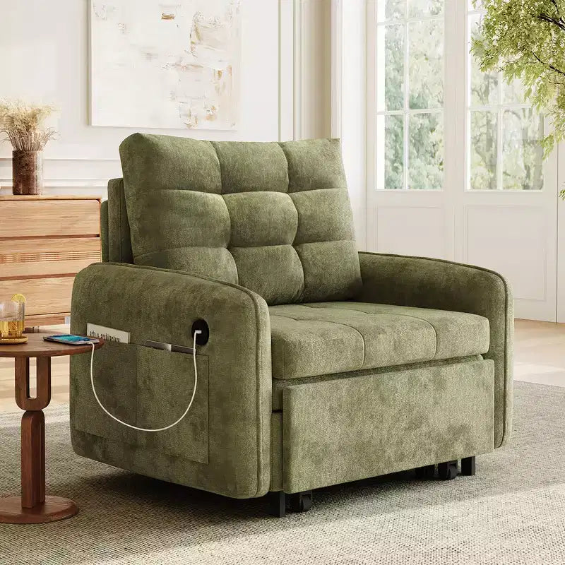 Fauteuil-lit convertible 3-en-1 Whisen, couchage extra long de 80 cm, canapé-lit simple en chenille avec poches de rangement