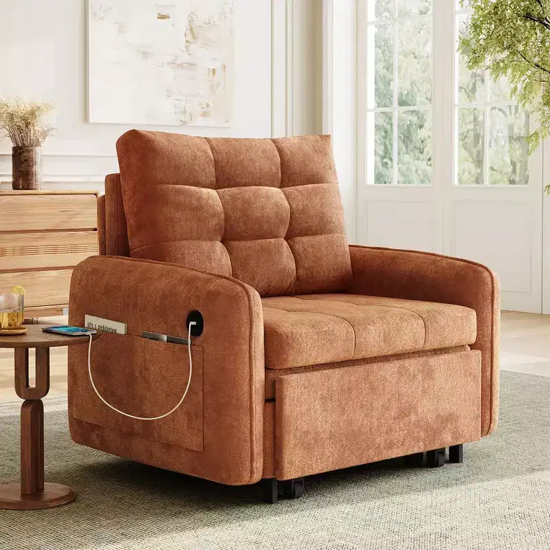 Fauteuil-lit convertible 3-en-1 Whisen, couchage extra long de 80 cm, canapé-lit simple en chenille avec poches de rangement