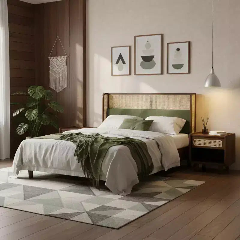 Christopher Knight Home Megan Cadre de Lit Contemporain en Bois avec Tête de Lit Rembourrée en Rotin
