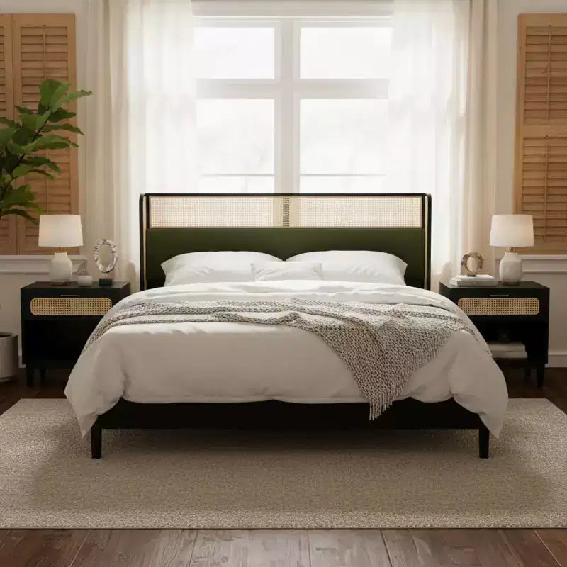 Christopher Knight Home Megan Contemporary Wooden Bed Frame with Rattan Upholstered Headboard