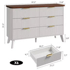 Commode blanche à 6 tiroirs, design cannelé incurvé de 120 cm de large avec poignées dorées, commode moderne épaissie pour chambre et salon.