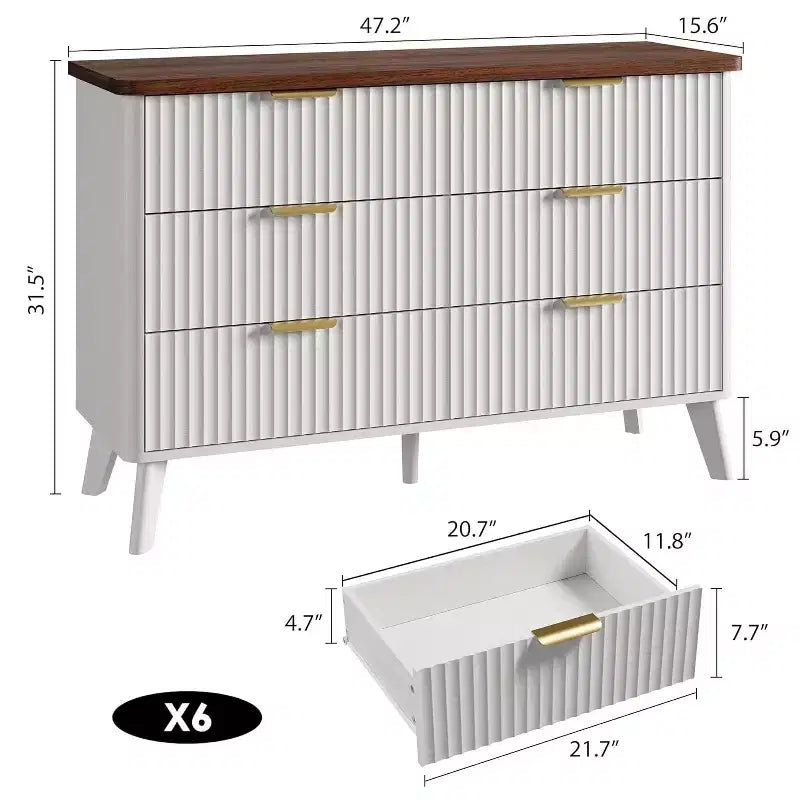 Commode blanche à 6 tiroirs, design cannelé incurvé de 120 cm de large avec poignées dorées, commode moderne épaissie pour chambre et salon.