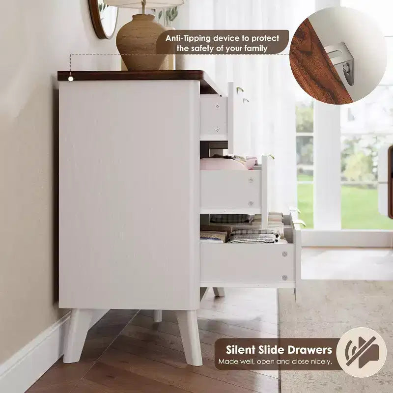 Commode blanche à 6 tiroirs, design cannelé incurvé de 120 cm de large avec poignées dorées, commode moderne épaissie pour chambre et salon.