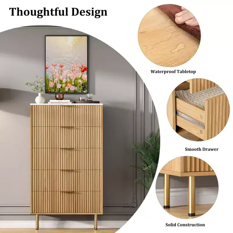 Commode à 5 tiroirs avec tiroirs larges - Meuble de rangement moderne en bois pour chambre, salon, dressing et couloir