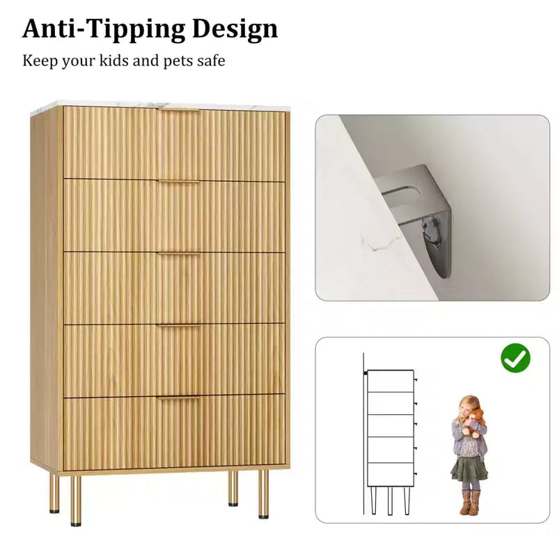 Commode à 5 tiroirs avec tiroirs larges - Meuble de rangement moderne en bois pour chambre, salon, dressing et couloir