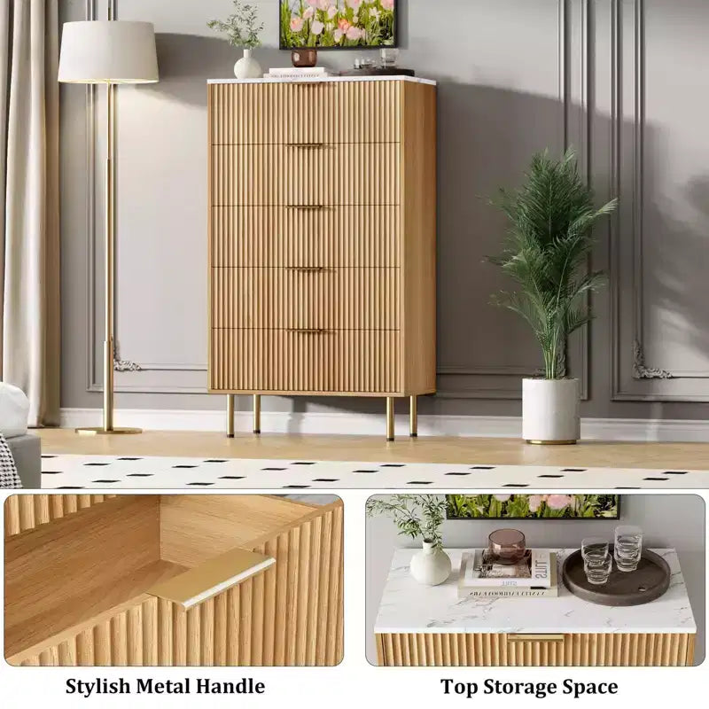 Commode à 5 tiroirs avec tiroirs larges - Meuble de rangement moderne en bois pour chambre, salon, dressing et couloir