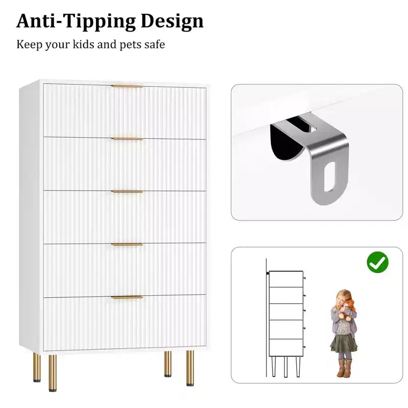 Commode à 5 tiroirs avec tiroirs larges - Meuble de rangement moderne en bois pour chambre, salon, dressing et couloir