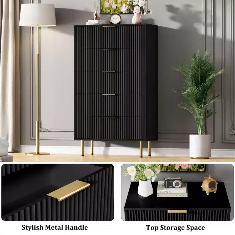 Commode à 5 tiroirs avec tiroirs larges - Meuble de rangement moderne en bois pour chambre, salon, dressing et couloir