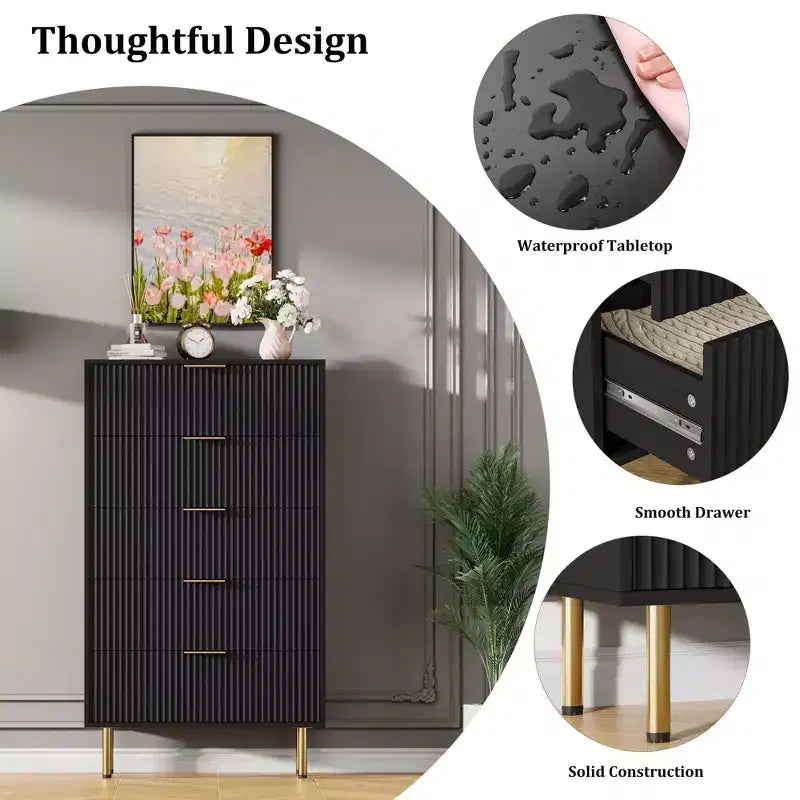 Commode à 5 tiroirs avec tiroirs larges - Meuble de rangement moderne en bois pour chambre, salon, dressing et couloir