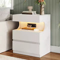 White Nightstand, Modern Bedside Table with Charging Station, 3 Drawer End Table with Ports & Outlets, U-Shape Open Shelf, White Night Stand