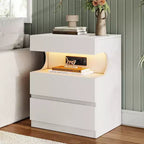 White Nightstand, Modern Bedside Table with Charging Station, 3 Drawer End Table with Ports & Outlets, U-Shape Open Shelf, White Night Stand