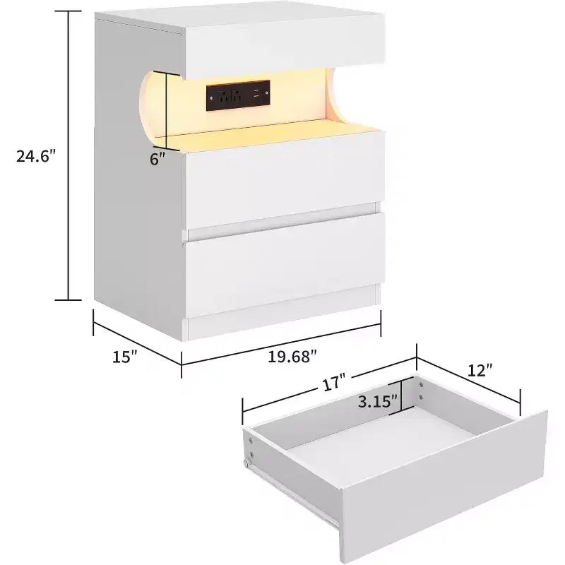 Table de chevet blanche, table de nuit moderne avec station de charge, table d'appoint à 3 tiroirs avec ports et prises, étagère ouverte en U, table de chevet blanche.