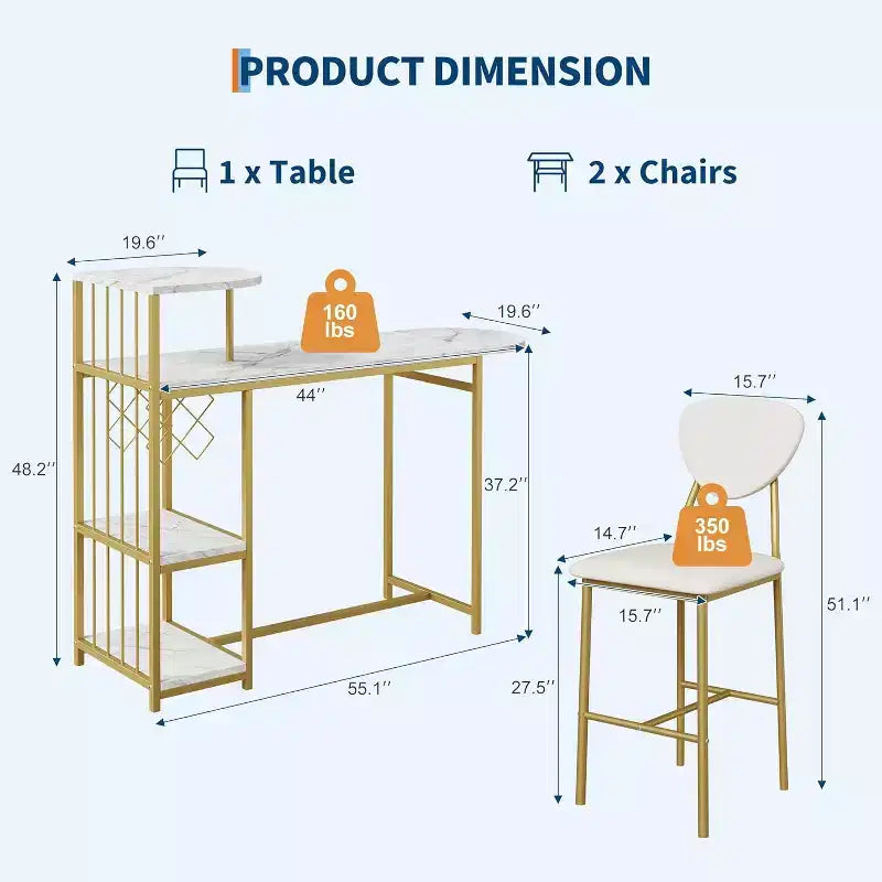Ensemble de table à manger extensible 3 pièces pour 2 personnes, table de bar et chaises peu encombrantes avec étagères de rangement, idéal pour appartement, cuisine ou salon