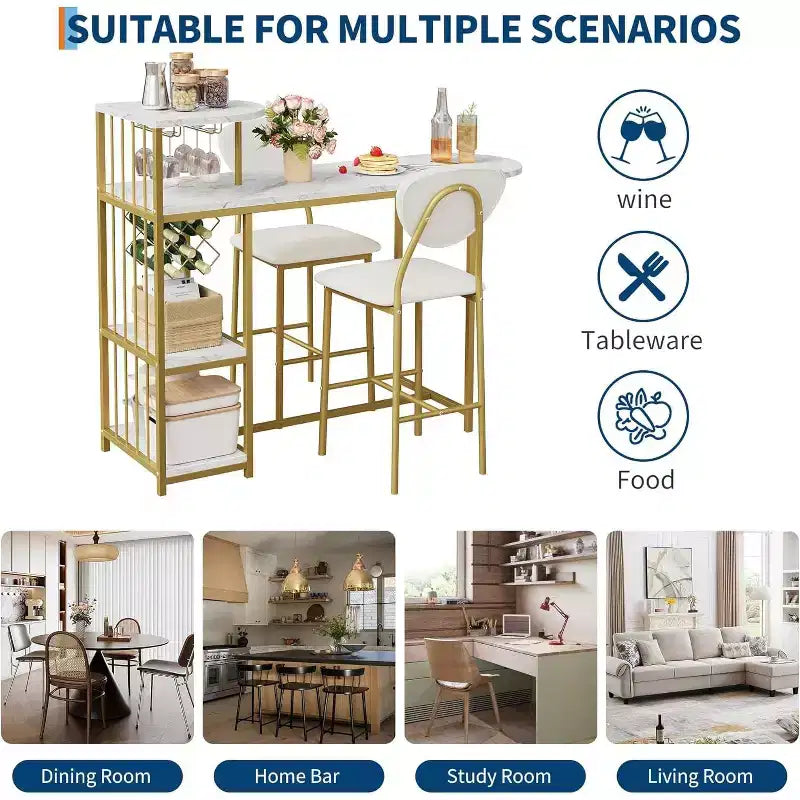 Ensemble de table à manger extensible 3 pièces pour 2 personnes, table de bar et chaises peu encombrantes avec étagères de rangement, idéal pour appartement, cuisine ou salon
