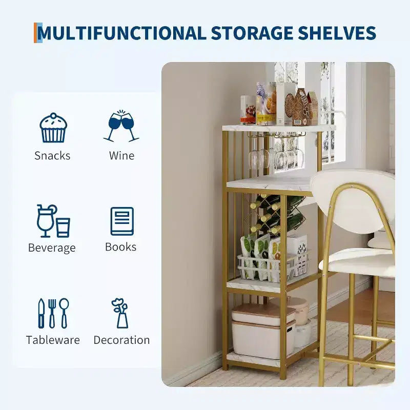 Ensemble de table à manger extensible 3 pièces pour 2 personnes, table de bar et chaises peu encombrantes avec étagères de rangement, idéal pour appartement, cuisine ou salon