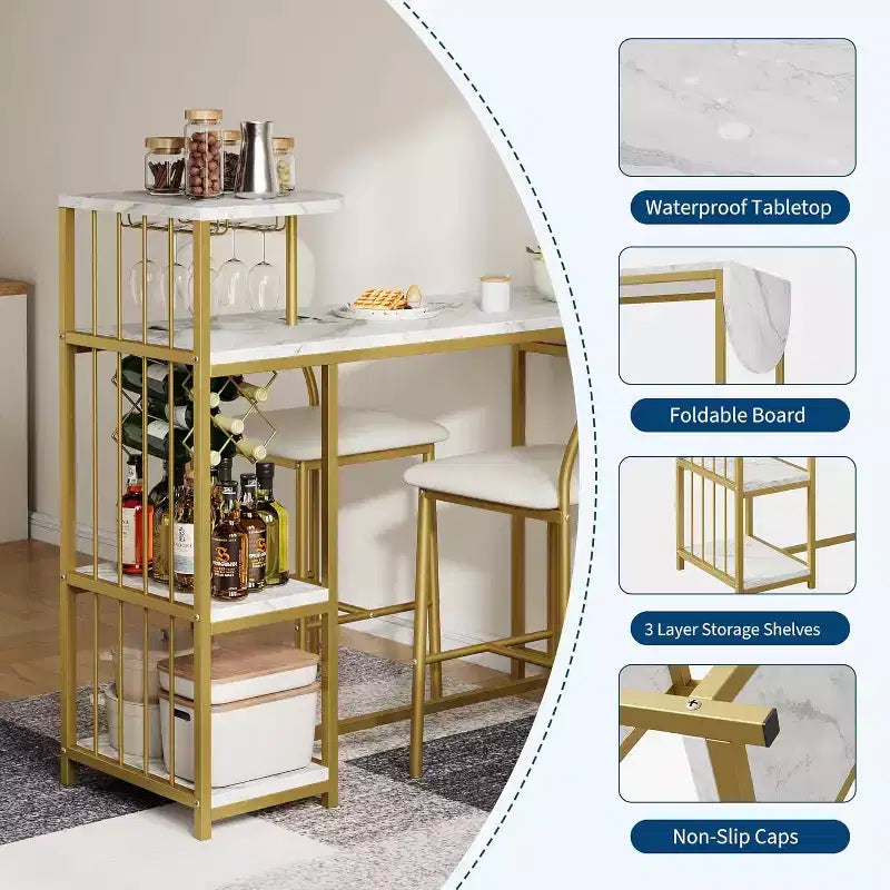 Ensemble de table à manger extensible 3 pièces pour 2 personnes, table de bar et chaises peu encombrantes avec étagères de rangement, idéal pour appartement, cuisine ou salon