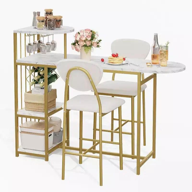 Ensemble de table à manger extensible 3 pièces pour 2 personnes, table de bar et chaises peu encombrantes avec étagères de rangement, idéal pour appartement, cuisine ou salon