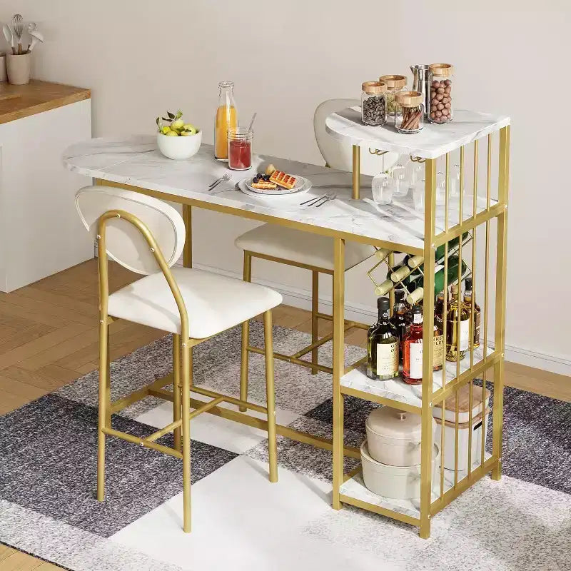 Ensemble de table à manger extensible 3 pièces pour 2 personnes, table de bar et chaises peu encombrantes avec étagères de rangement, idéal pour appartement, cuisine ou salon