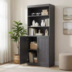 72 Black Wooden Bookshelf Storage Cabinet with Adjustable Shelves and 2 Doors for Living Room