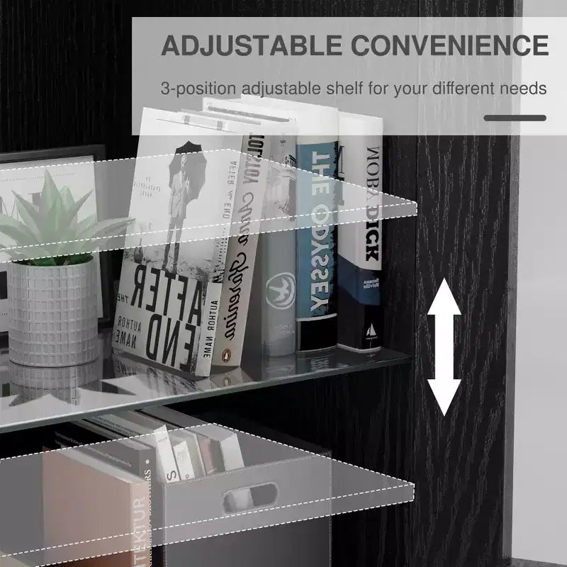 Bibliothèque de rangement 72" en bois noir avec étagères réglables et 2 portes pour salon