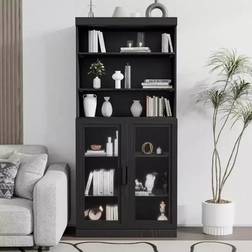 67 Black 6-Tier Display Case Bookshelf with Adjustable Shelves and 2 Glass Doors for Living Room