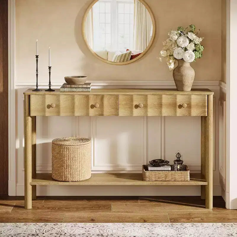 Console Lantine de 55 pouces avec 2 tiroirs, table d'entrée moderne cannelée, table de canapé étroite pour salon, couloir, hall d'entrée
