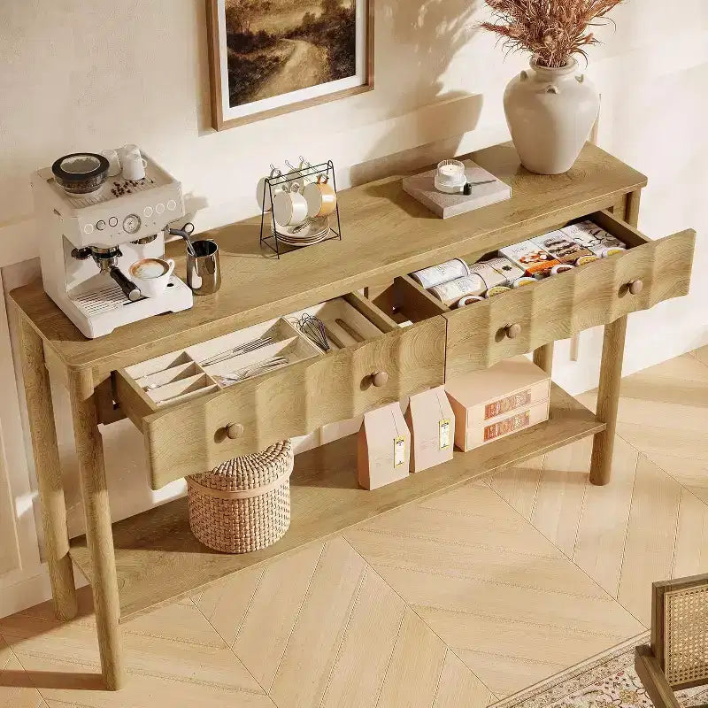 Console Lantine de 55 pouces avec 2 tiroirs, table d'entrée moderne cannelée, table de canapé étroite pour salon, couloir, hall d'entrée