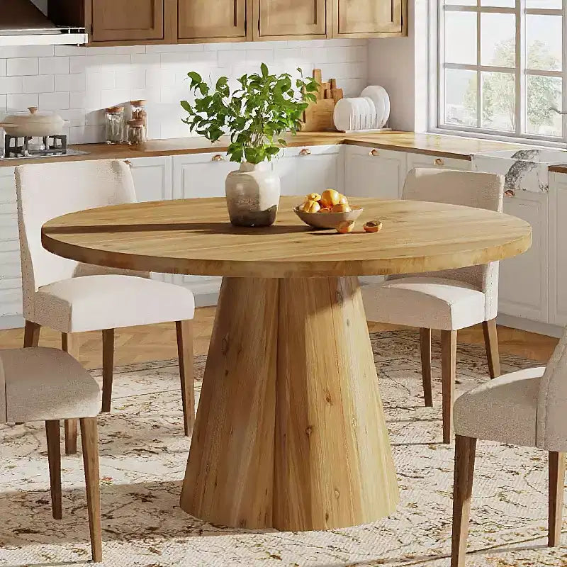 Table à manger en bois massif Lantine de 120 cm, table de cuisine ronde de style rustique avec piédestal pour 4 à 6 personnes, montage facile pour salle à manger