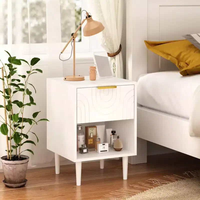 22.83'' H Modern White Nightstand with One Drawer and Open Shelf, Gold - Accented Handle, Ideal for Bedroom Decor