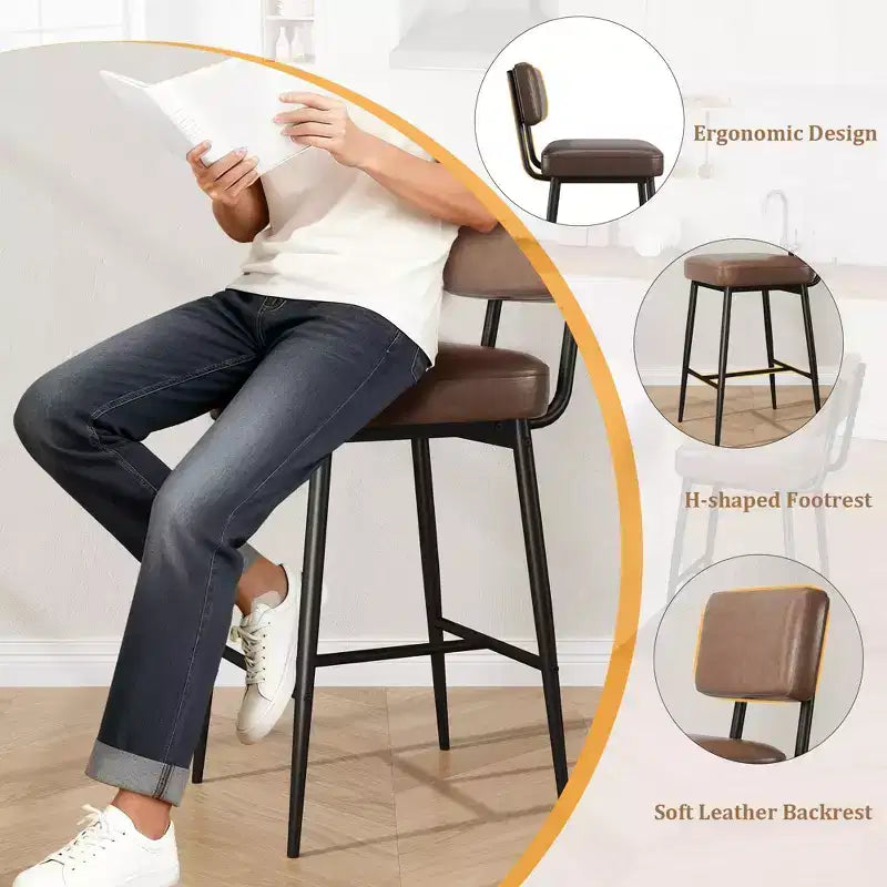 COZONY Tabourets de Bar Hauteur Comptoir Lot de 2, Chaises de Bar 66 cm en Similicuir avec Dossier pour Îlot de Cuisine et Salle à Manger